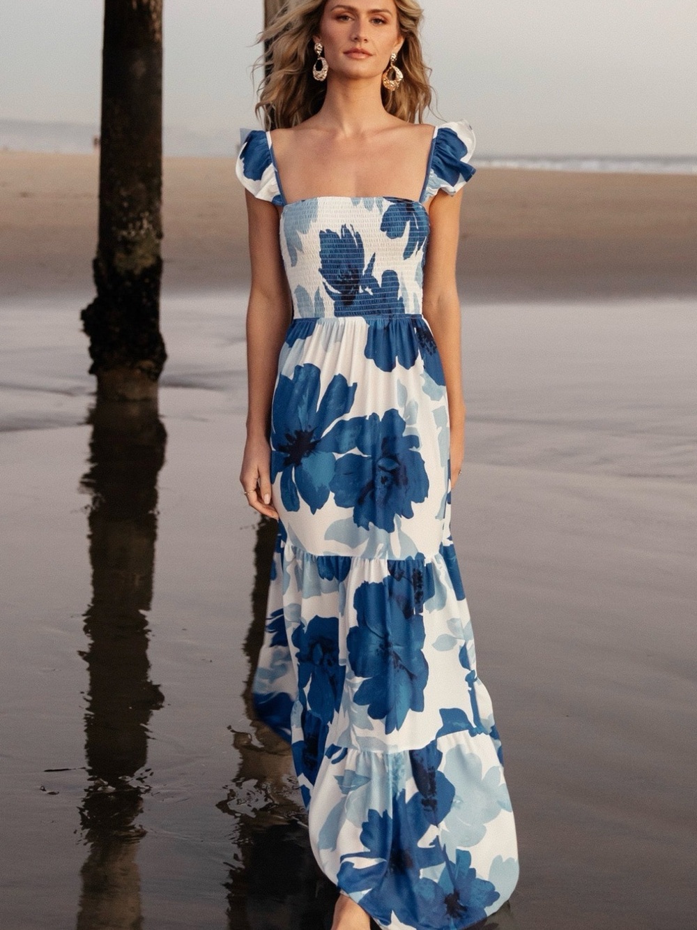 Baltic Born Blue & White Floral Smocked Maxi Dress